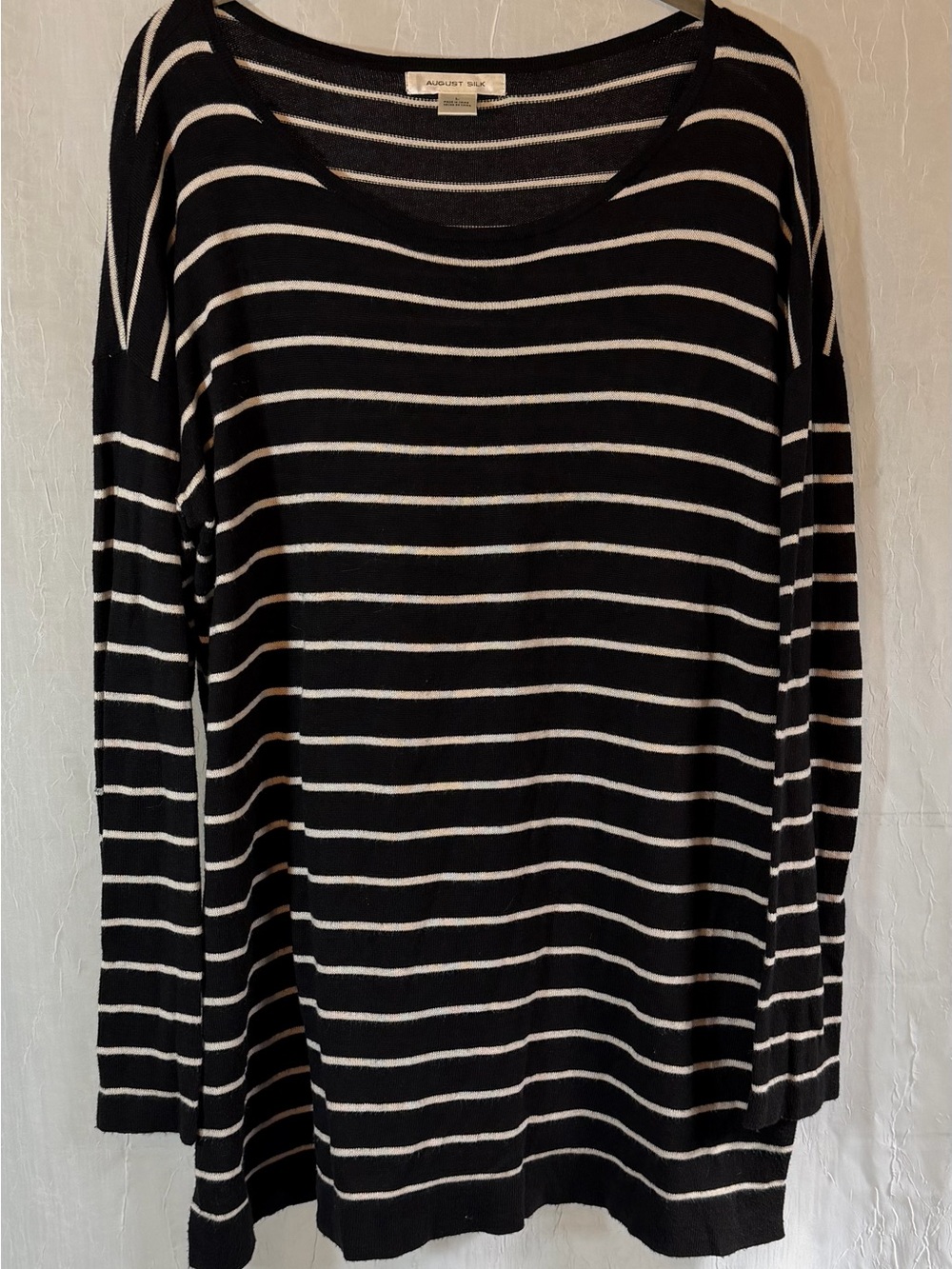 august silk L Black & White Striped Scoop Neck Pullover